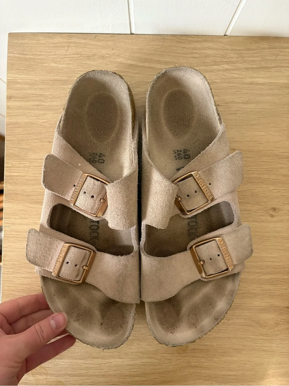 Birkenstock Two-Strap Suede Sandals in Light Beige with Rose Gold Buckles